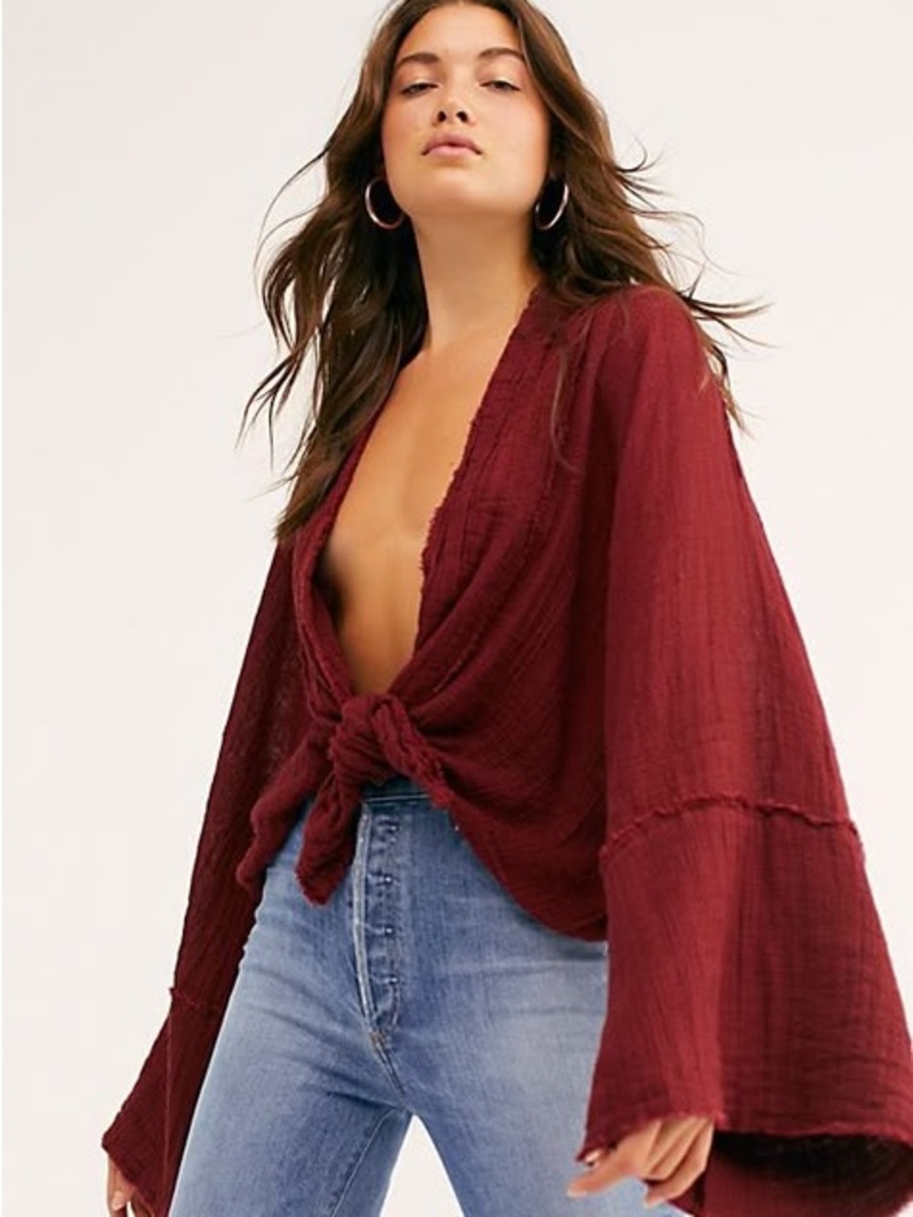 Free People Burgundy Tie-Front Gauze Blouse